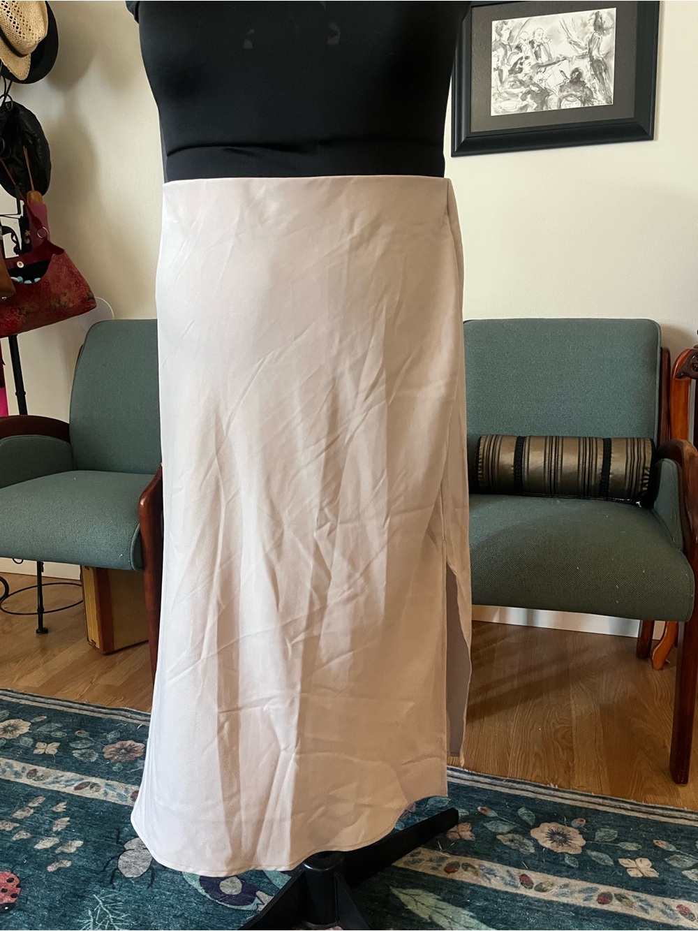 a new day Pale Beige Satin Midi Skirt